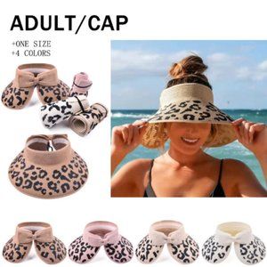 Leopard Bow Sun Visor Wide Brim Foldable Packable Ponytail Beach Hat Straw